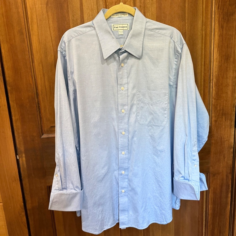 Paul Fredrick Mens Light Blue Cotton Pinpoint French Cuff Dress Shirt 17.5 33 XL
